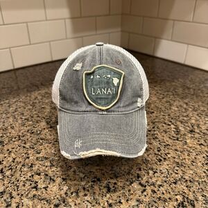 Lanai Hawaii Shield Patch Distressed Headmost Trucker Hat Cap Gray White Mesh